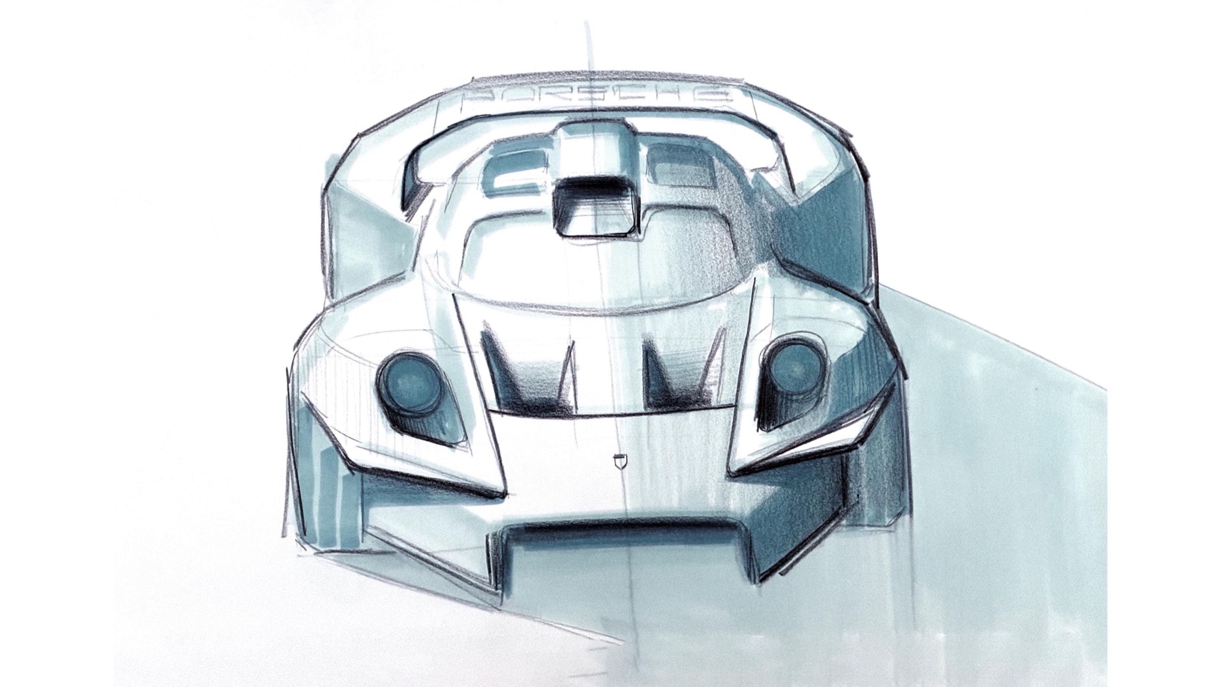 Overhead rear design sketch showing the engine cover and intakes