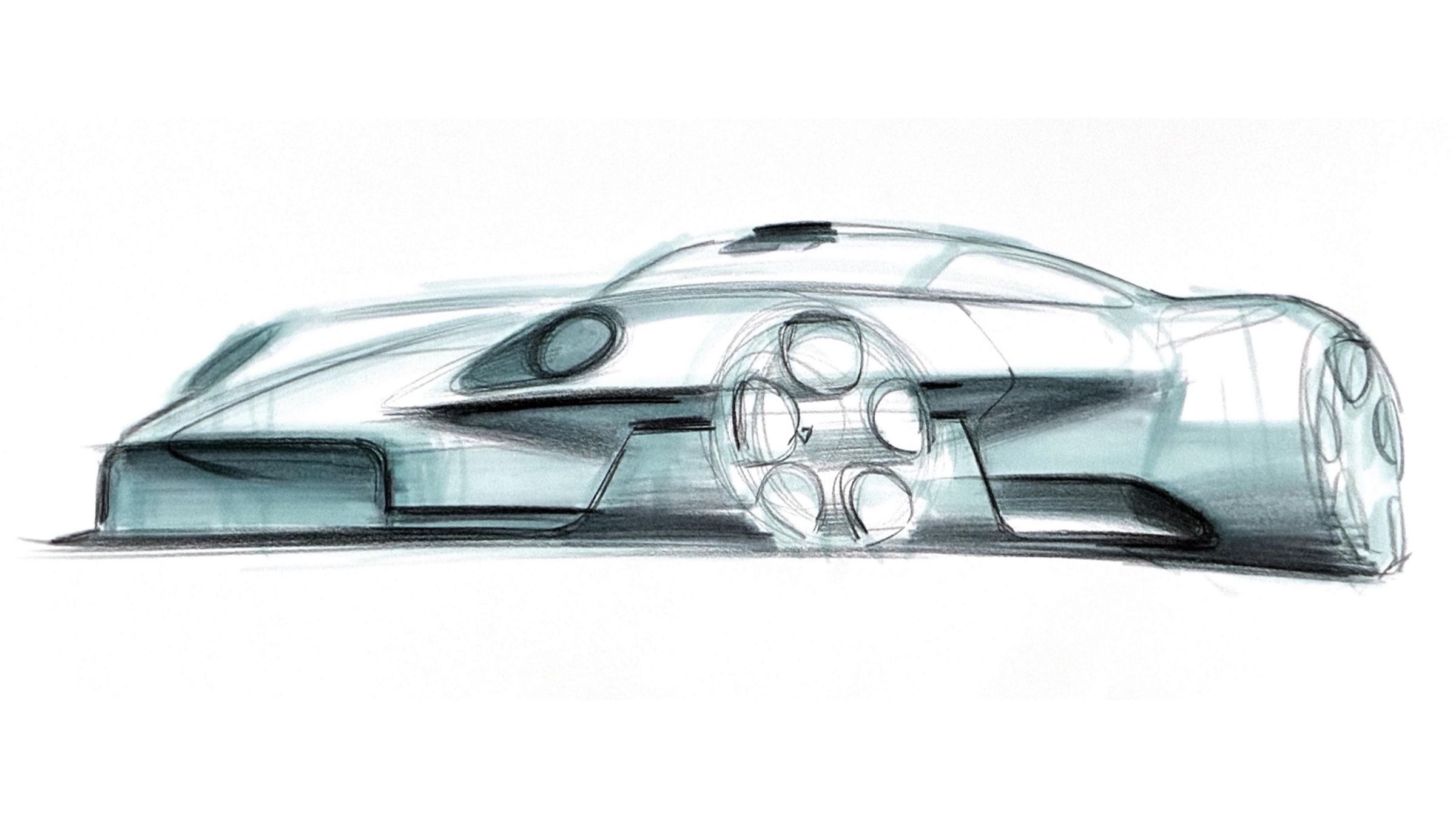 Side-view design sketch showing the low mid-engined profile