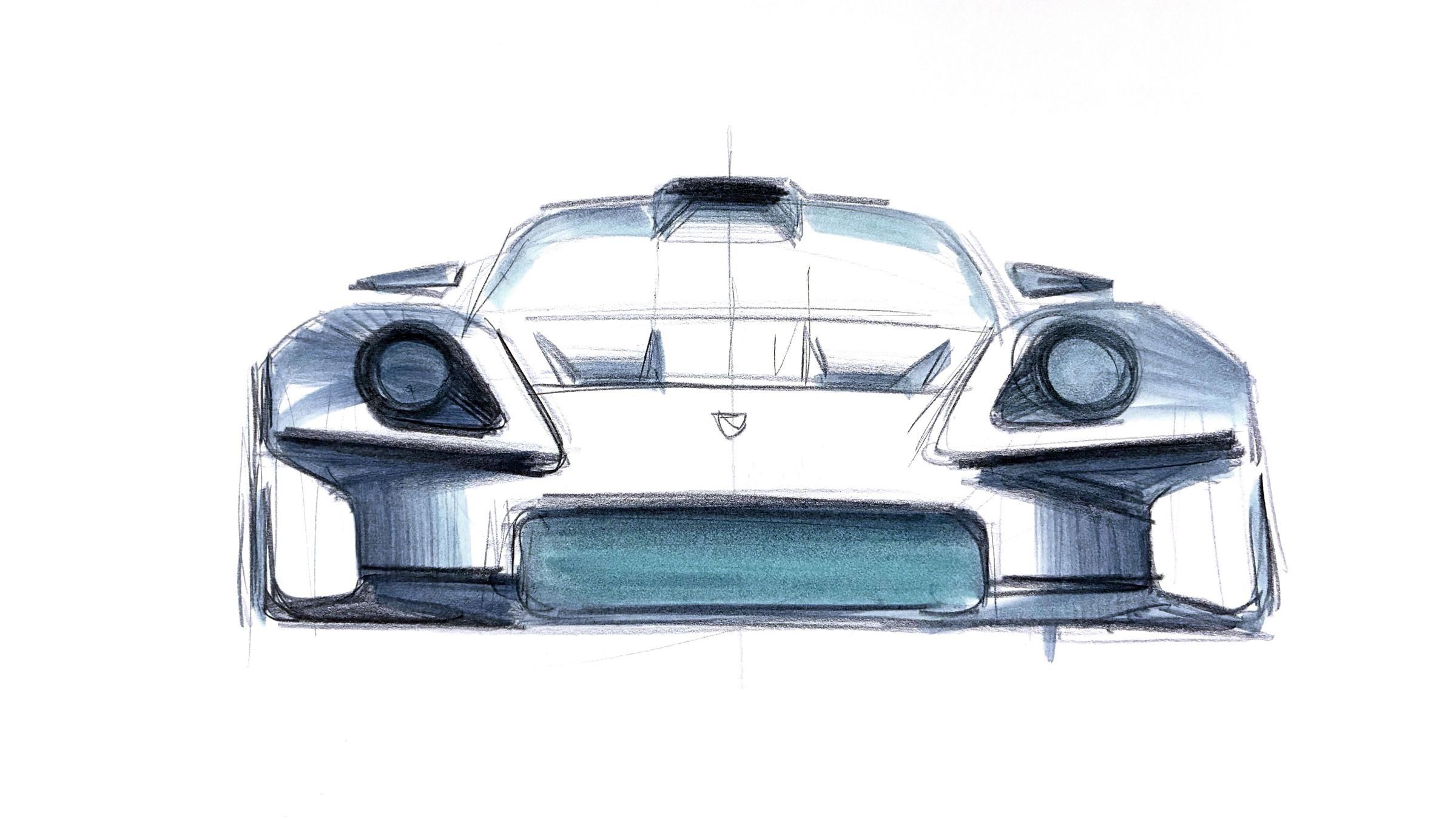Front-view design sketch with round headlights and a wide flat nose
