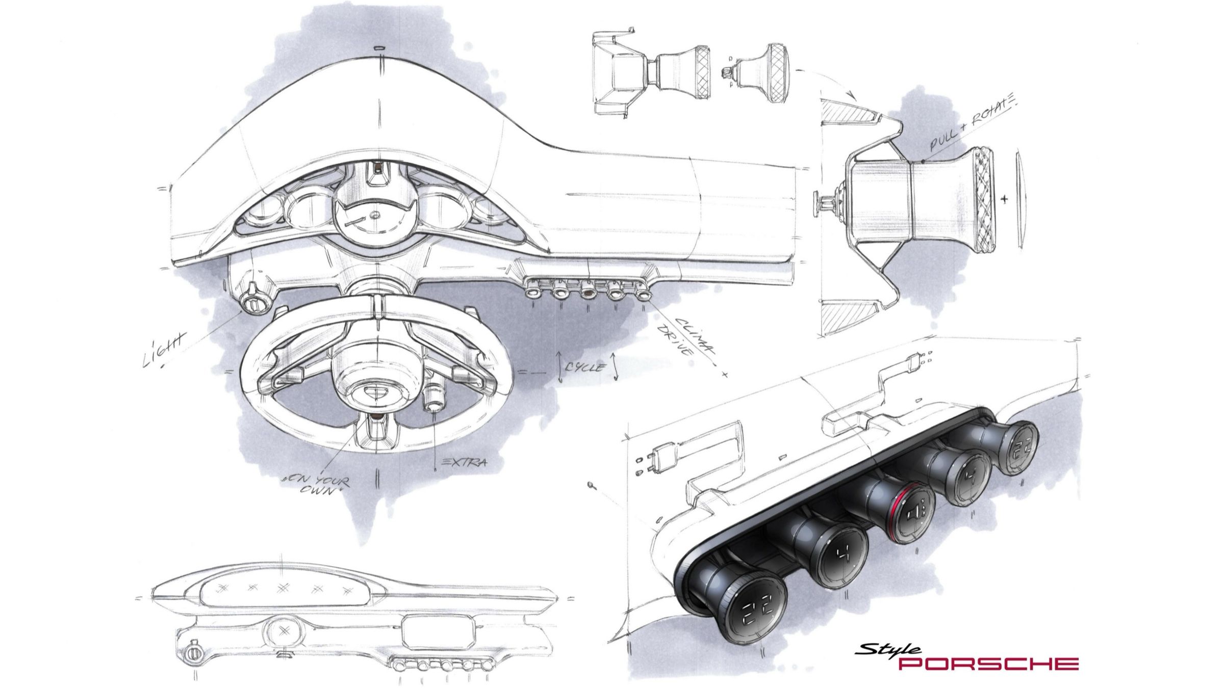 Interior sketch sheet with the steering wheel and a row of round controls