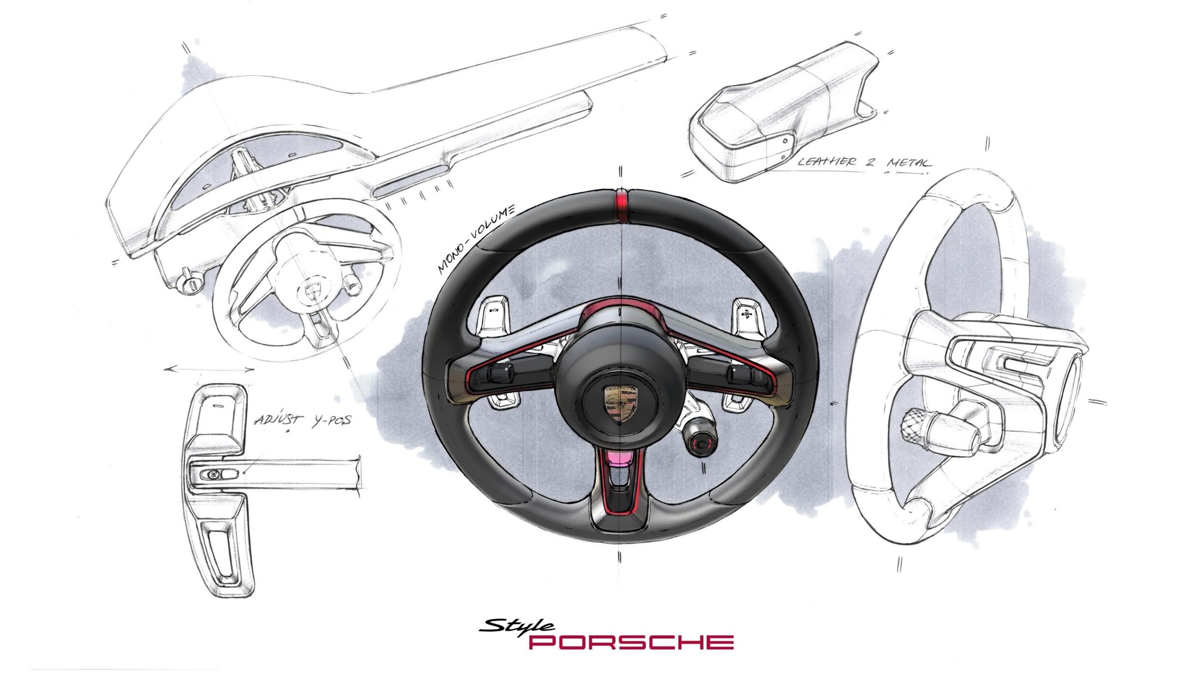 Interior sketch sheet centred on the steering wheel
