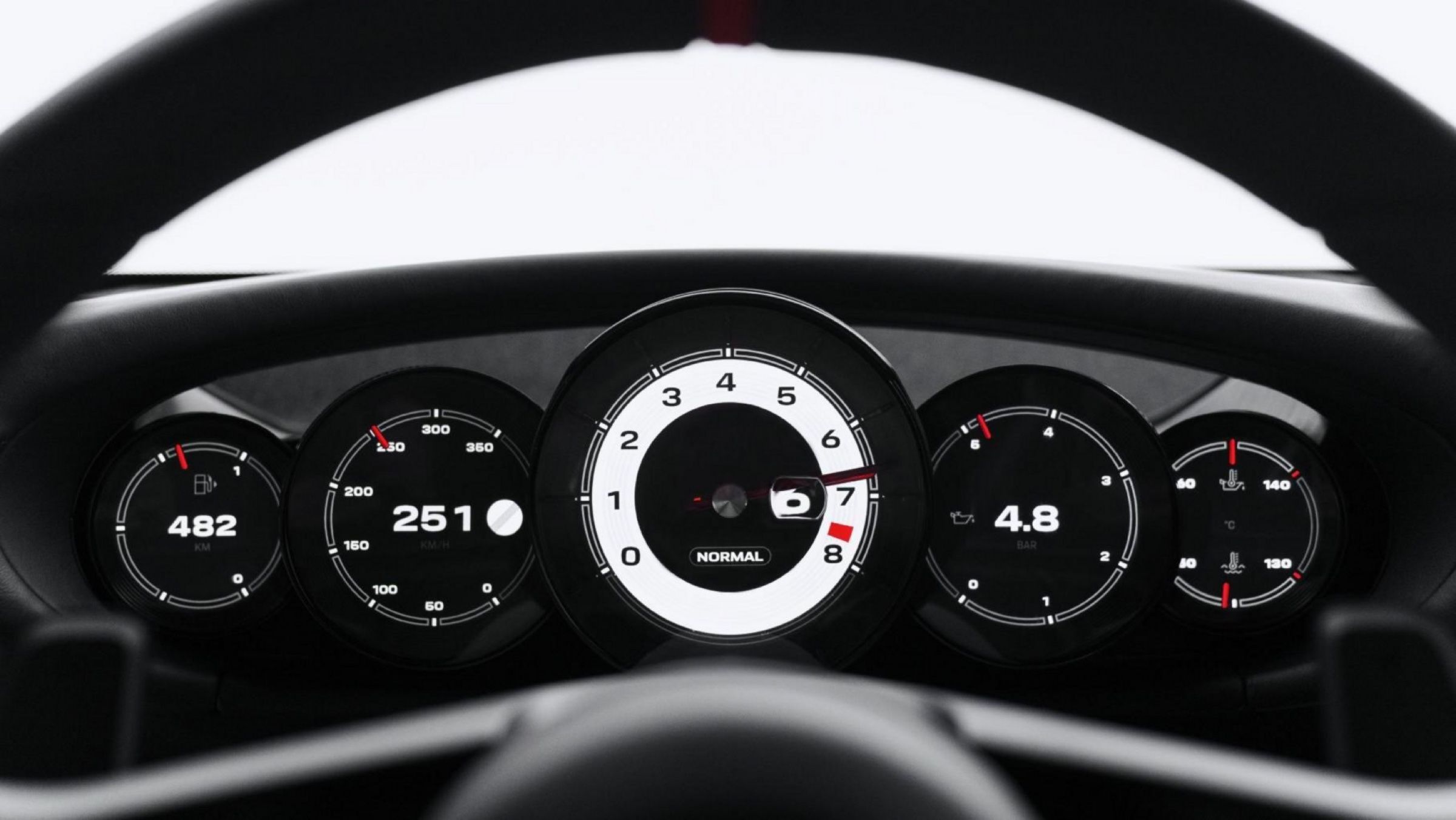 The five round instruments behind the wheel, with the rev counter in the middle